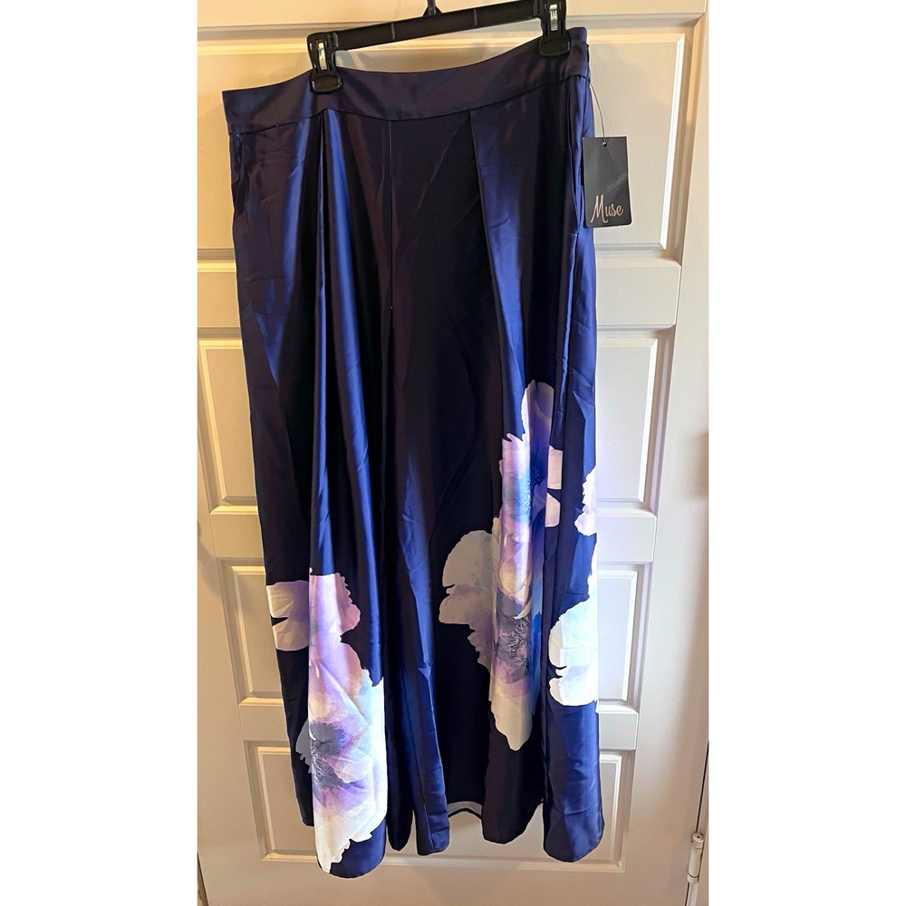 Muse Women's Navy Purple White Floral Wide-Leg Dress Pants Flat Front New 16